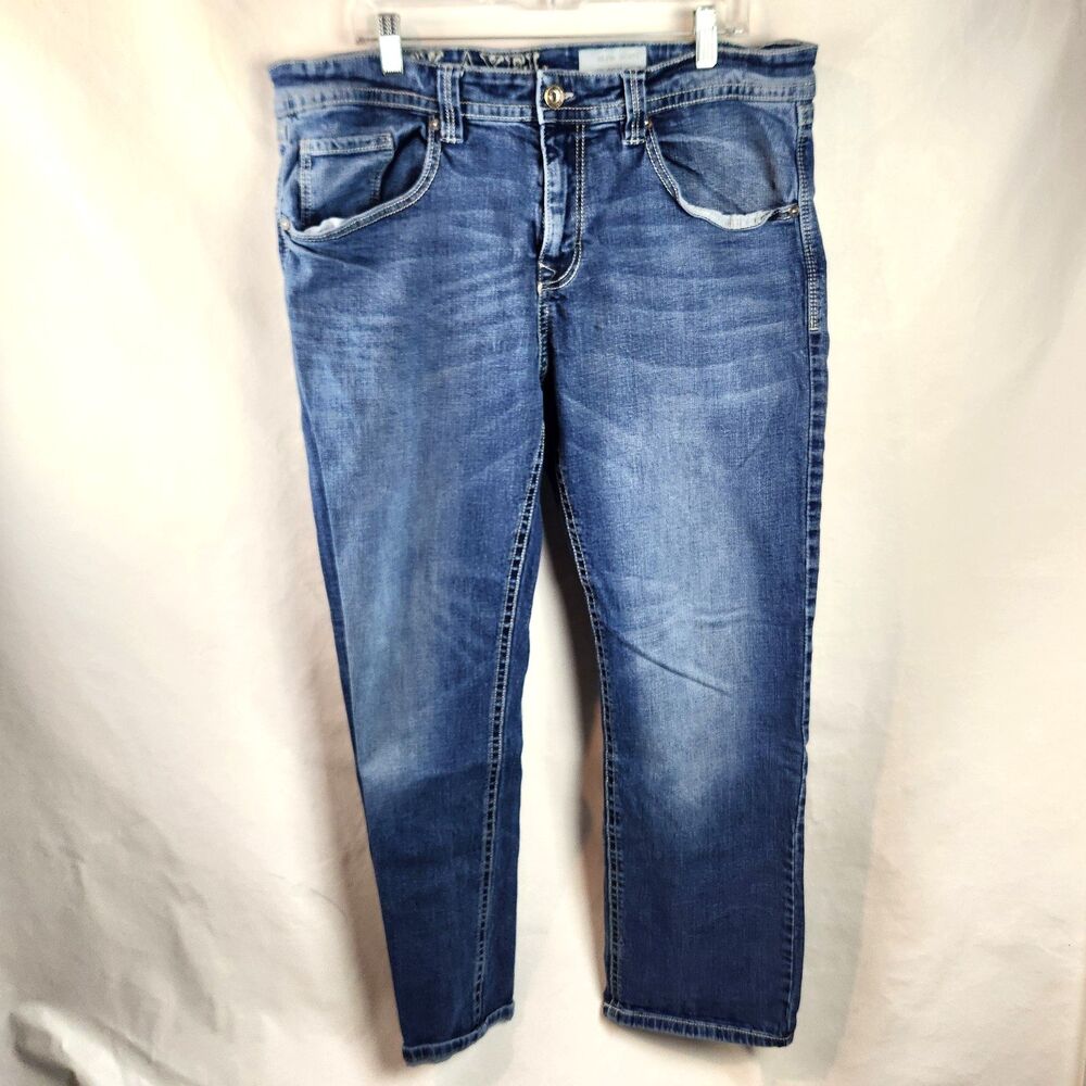 TK Axel Jeans Mens 38x32 Blue Denim Slim Boot Medium Wash Western Thick Stitch